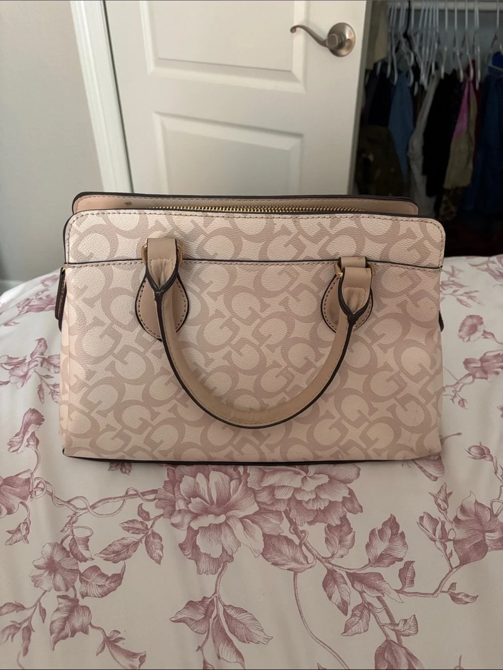 GUESS Pink Logo Jacquard Satchel with Gold Hardware